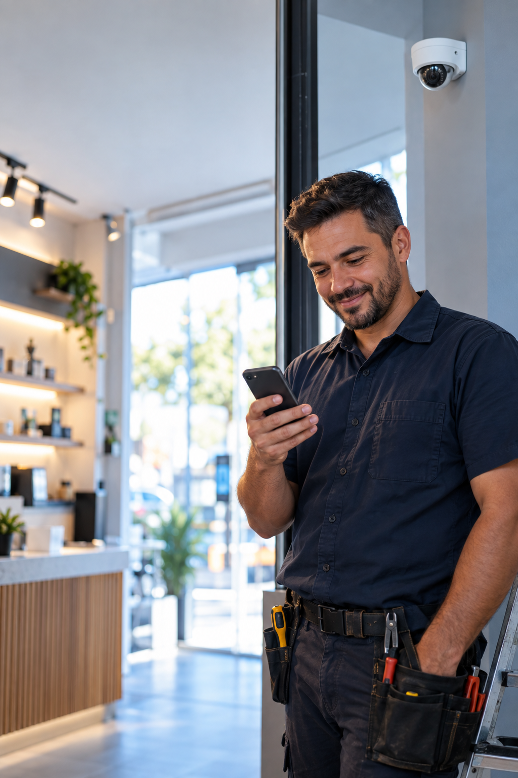 Técnico de segurança eletrônica consultando uma proposta no celular